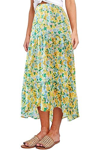 PRETTYGARDEN Ditzy Floral Skirt Midi Boho Elastic High Waist Skirt A-line Long Vintage Skirts for Women Pleated Skirt (Q-White Green,Medium) - Image 1