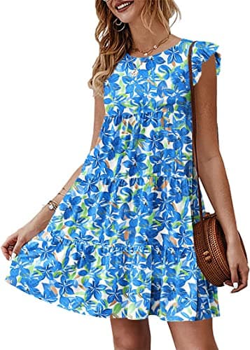 KIRUNDO Womens Summer Dresses 2026 Sleeveless Boho Floral Mini Beach Sundress Ruffle Sleeve Round Neck Loose Short Flowy Pleated Babydoll Dress, Floral3-dark Blue, XX-Large - Image 1