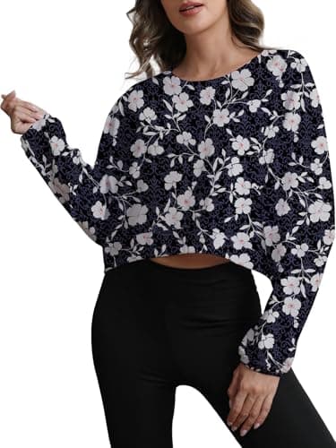 MATEAM Womens Cropped Sweatshirt Loose Fit Workout Tops - Crewneck Pullover Long Sleeve Casual Fashion Sweaters for Yoga Gym Fitness Floral S - Image 1