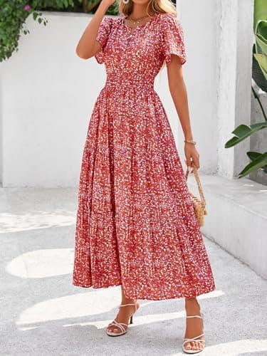 BTFBM Womens Summer Floral Maxi Dresses V Neck Short Sleeve Boho Casual Flowy Long Wedding Guest Dress Beach Vacation(Floral Orange Red, Small) - Thumbnail 5