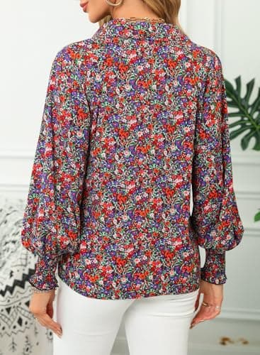 Dokotoo Womens Long Sleeve Tops for Women Work Business Button Down Ladies Blouses and Tops Loose Fit Dressy Allover Floral Print V Neck Office Boho Tunic Top 2026 Trendy Fall Outfits Purple Large - Thumbnail 2