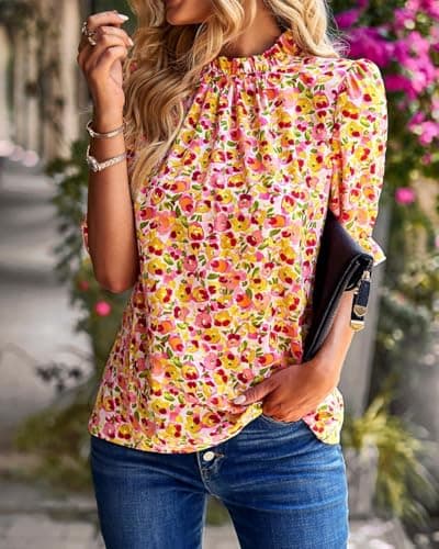 BTFBM Womens Tops 2026 Dressy Casual Blouses Summer Spring Clothes Mock Neck Short Sleeve Shirts Business Work Fall Outfits(Floral Pink, Medium) - Thumbnail 4
