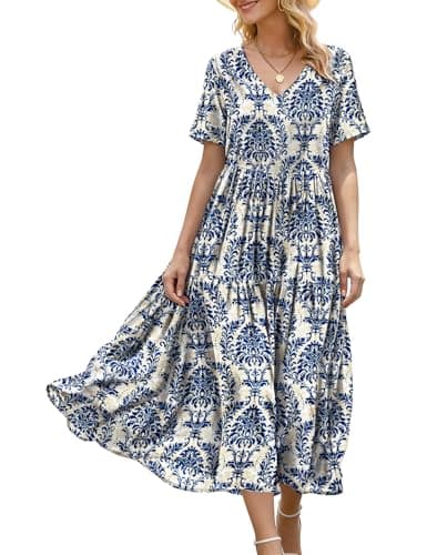 YESNO Women's Summer Maxi Dresses Casual Floral Short Sleeve V Neck Boho Beach Vacation Swing Dress with Pockets XL EVF CR425B - Image 1
