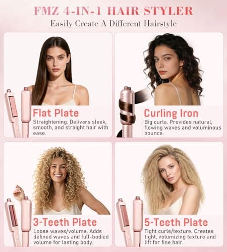 FMZ Flat Iron Hair Straightener Crimper Curler, Professional 4 in 1 Pink Hair Styling Irons for Straightening, Crimping, Curling, Fast Heating, Dual Voltage, Mini and Portable for Women Travel Home - Thumbnail 3