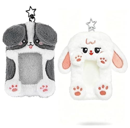 DegoCyhton Photocard Holder, Kpop Photo Card Keychain, 2 Pack 3 Inch, Clear PVC Window, Anti-Shed Plush Design, 360° Rotating Hook, for Teen Girls Student Campus Backpack Pendant & Card Protection