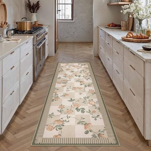 HUGEAR 2x6 Runner Checkered Rugs for Hallways Machine Washable Beige Long Carpet Floral Print Non-Slip Stain Resistant Low Pile Indoor Throw for Entrance Kitchen Bedroom Dining Laundry - Thumbnail 2