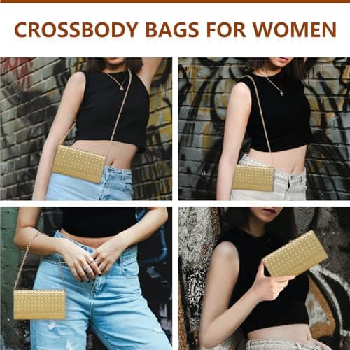 U+U Crossbody Bags for Women, Small Leather Bag with Removable Chain, Card Slots & Phone Pocket - Lightweight Purse Wallet (Gold) - Thumbnail 2