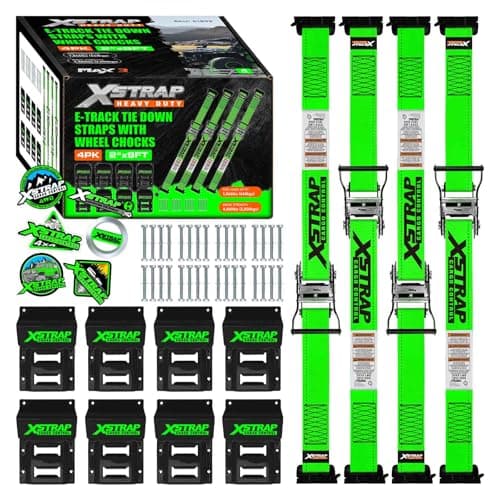 XSTRAP STANDARD Wheel Chock E-Track Tie Down Straps Kit, 4 Pack 2” x 9FT Over-The-Tire Ratchet Straps with Steel Wheel Chocks, 1466 lbs WLL for ATV, UTV, Lawn Mower, Trailer Hauling, Green - Image 1