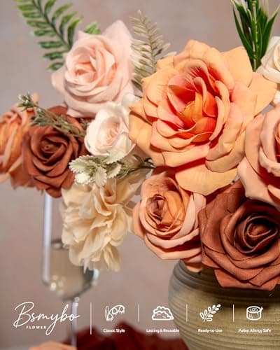 BSMYBO Artificial Flowers Combo Terracotta Flowers Mix Silk Fall Flowers Dahlia Roses with Stems for Wedding Bridal Bouquets, Baby Shower, Floral Arrangement, Table Centerpieces, Home Decorations - Thumbnail 3