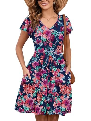 Heymoments Women Summer Dress Ruffle Sleeve Blue Colored Flower XX-Large V Neck Casual Cute Loose Sundress Comfy Swing Midi Work Flowy Tunic Ladies Beach Vacation Teacher Dresses with Pockets - Image 1