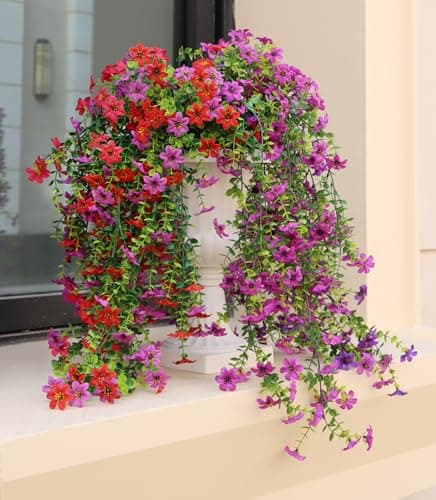 Obmnor Artificial Hanging Flowers for Outdoors, 4 Pack Fake Hanging Plant for Spring Summer Decor, UV Resistant Faux Silk Flower for Planter Porch Patio Balcony Yard Decoration (Light Purple & Red) - Image 1