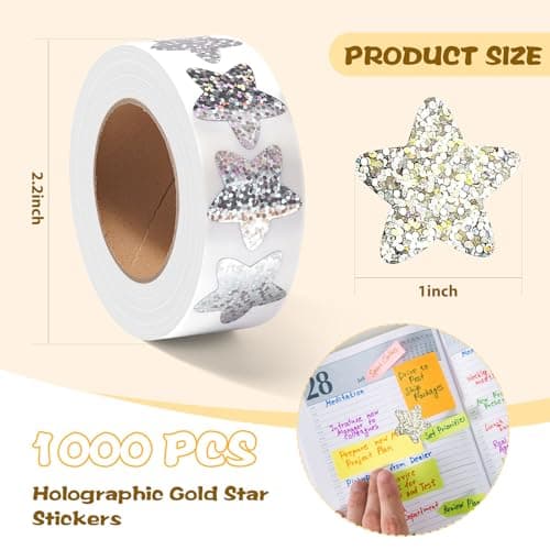 Gsinodrs 1000Pcs Silver Star Stickers - 1 Inch Holographic Self-Adhesive Metallic Foil Star Labels, Sparkly Reward Stickers for Classroom Supplies, Teacher Incentives & Behavior Tracking - Thumbnail 2