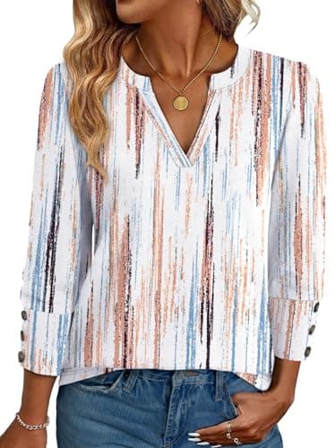 NORACORA Womens Tops 3/4 Sleeve Printed Dressy Casual Blouses for Women V Neck T Shirts Beach Vacation Boho Floral Spring Summer Outfits Brown-Blue Stripes L - Image 1