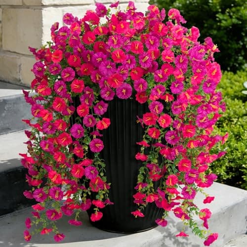 Fake Artificial Hanging Morning Glory Flowers for Outdoor Planters Porch Pation Decoration,2 Bundles UV Resistant Silk Faux Flowers with Realistic Eucalyptus Plants for Home Office Garden Decor - Image 1