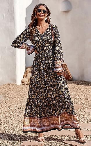 PRETTYGARDEN Long Flowy Dresses for Women - V Neck Casual Button Down Boho Floral Maxi Dresses (Black Yellow,Small) - Thumbnail 3
