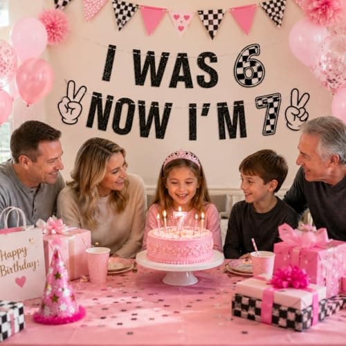 Black Glitter I Was 6 Now I'm 7 Birthday Banner, Two Fast Checkered Racing Theme 7th Birthday Party Decorations for Boys Girls, 6 to 7 Years Old Birthday Sign Garland Supplies - Thumbnail 3