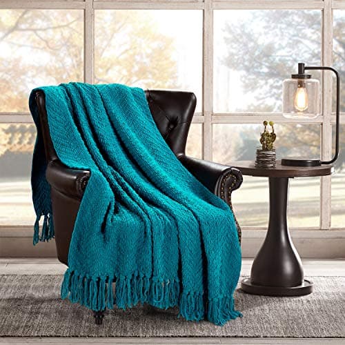 HOMEIDEAS Warm Tassel Knit Blanket Throw Size for Couch Sofa Bed, Teal Green Thick Knitted Armchair Office Chair Throw Blankets, Winter Chunky Blankets(50x60) - Image 1