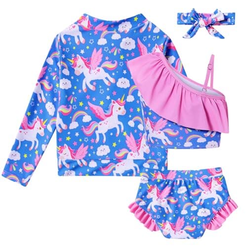 Funnycokid Toddler Girl Swimsuit 5T Size 6 Bathing Suit Unicorn Swim Set Long Sleeve Swimwear Ruffle Blue 5-6 Years 3 Piece - Thumbnail 2