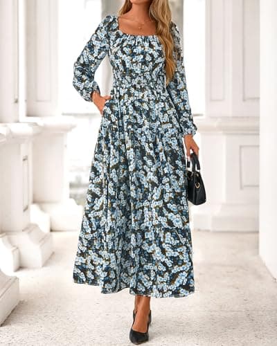 BTFBM Long Sleeve Dress for Women 2026 Spring Fall Boho Floral Square Neck Casual Flowy Long Wedding Guest Maxi Dresses(Floral Blue Yellow, Medium) - Thumbnail 4