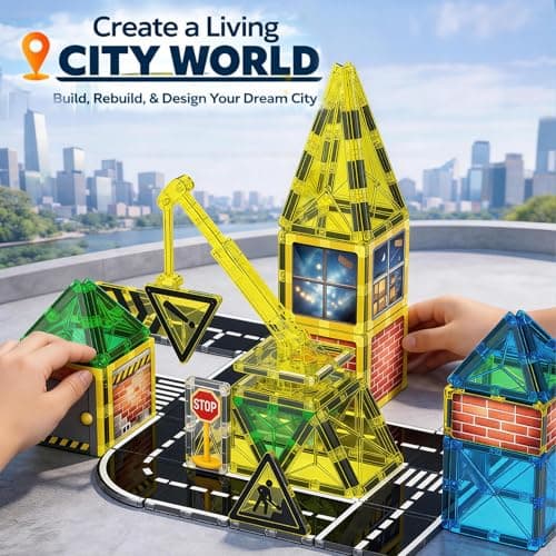 LATI Construction Magnetic Tiles City Set for Kids, Double-Sided Day & Night Building Blocks with Crane, Roads, Traffic Signs & Construction Vehicles, STEM Learning Toy for Boys & Girls Ages 3+ - Thumbnail 5