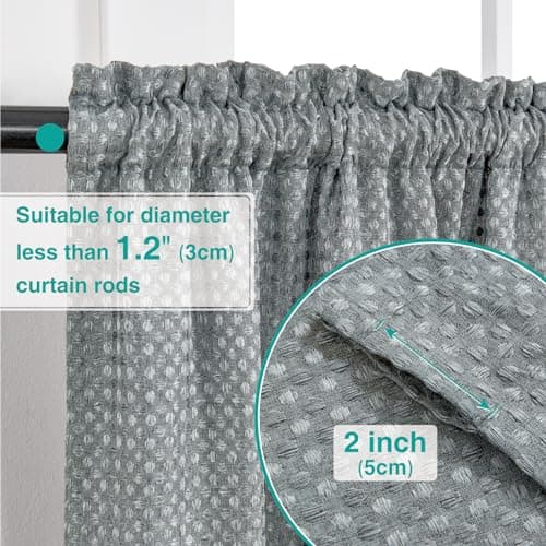Home Queen Water Resistant Bathroom Window Curtains, Waffle Textured Half Tier Curtains for Kitchen, 28 W X 36 L Inches, Charcoal - Thumbnail 5