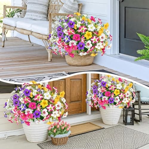 ICX 12PCS Artificial Flowers for Outdoors, Artificial Petunias with Eucalyptus, UV Resistant, Fake Flowers for Outside for Pot, Front Door, Porch, Yard, Patio, Window Box, Hanging Basket (12pc Mix - Thumbnail 6