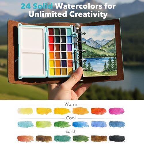 Mini Watercolor Paint Set, Portable Watercolor Sketchbook Set with 24 Colours, Brush & Drawing Paper, Travel Watercolor Kit for Beginners, Artists & Painting Lovers - Thumbnail 6