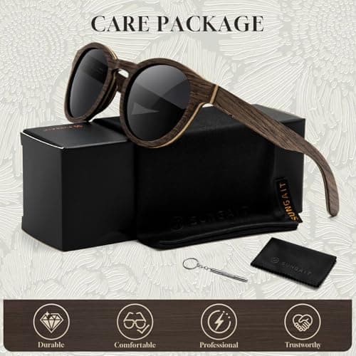 SUNGAIT Premium Walnut Wood Sunglasses Womens Classic Round Polarized Vintage Wooden Shades UV400 (Walnut Frame/Grey Lens) - Thumbnail 6