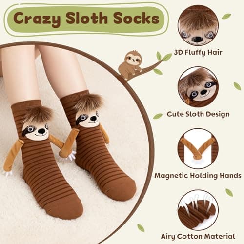 FunisFun Sloth Socks with Magnetic Holding Hands Funny Animal Crazy Socks for Women Ideal Sloth Gifts for Girls Birthday (US, Alpha, One Size, Regular, Regular, Brown) - Thumbnail 3