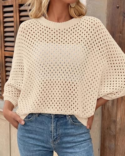 KIRUNDO Crochet Tops for Women Summer Batwing Sleeve Beach Sweater Lightweight Knit Cover Up Shirts Cruise Vacation Outfits(Beige, Large) - Thumbnail 5
