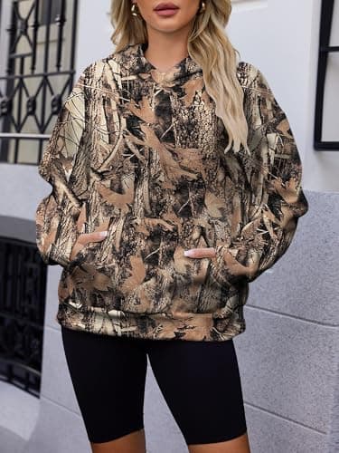 Bellcoco Womens Camo Hoodies Maple Leaf Print Fleece Sweatshirt Long Sleeve Pullover Tops Hooded Fall Winter Clothes Tan M - Thumbnail 2