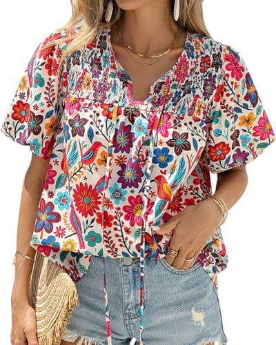KIRUNDO Boho Tops for Women Summer 2026 Dressy Floral Blouse V Neck Drawstring Short Sleeve Shirts Beach Vacation Clothes(White Multicolored, X-Large) - Image 1