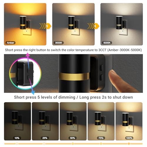 JandCase Night Lights Plug into Wall,2 Pack Amber/3000k/5000K Color Change Night Light with Dusk to Dawn, 3CCT & 10/25/50/75/100LM Dimmable Plug in LED Nightlight for Bedroom, Hallway, Stairs - Thumbnail 2