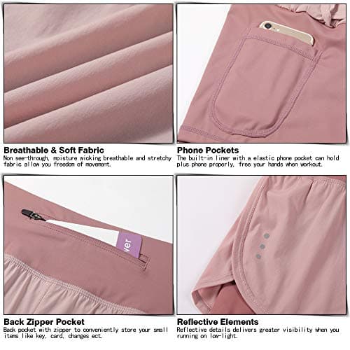 Soothfeel Women's 2 in 1 Running Shorts Workout Athletic Gym Yoga Shorts for Soothfeel Women with Phone Pockets Pink - Thumbnail 5