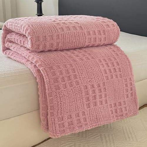 Throw Blanket for Couch or Bed，Waffle Weave Jacquard Decorative Blankets - Cozy Soft Lightweight Fuzzy Flannel Blanket(Pink,80x90in) - Image 1