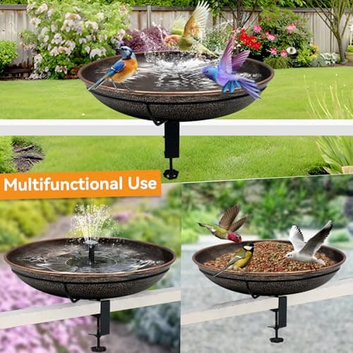 OUISJYER Deck Mounted Bird Bath, Easy to Clean12 Detachable Bath Bowl, Metal Birdbath for Outside with Sturdy Adjustable Clamp for Railing Balcony Fence Outdoor Decor 0.7 Gallon - Thumbnail 2