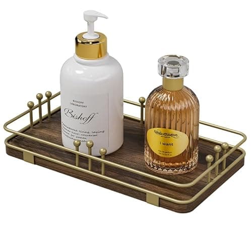 Pursura Bathroom Vanity Tray for Toiletries Makeup Perfume Candle Toilet Tank, Kitchen Tray for Soap Dispenser Spice Salt, Small Tray for Countertop Decor Coffee Nightstand 7.9”x4.4” Brown-Gold - Image 1
