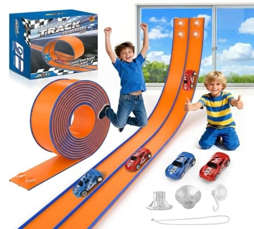 DKOXT 15 Ft Flexible Race Track for Kids, DIY Car Track Set with 2 Toy Cars & 3 Suction Cup Ramps, Easter Basket Stuffers for Teens & Boys Girls, Creative Easter Gifts for Kids, Orange - Image 1