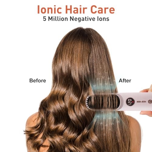 TANSHINE Cordless Hair Straightener Brush with 6000mAh Battery, Negative Ions & LCD Display - Portable Straightening Comb for Travel,Rechargeable Mini Hot Straightening Comb for Women,Pink - Thumbnail 3