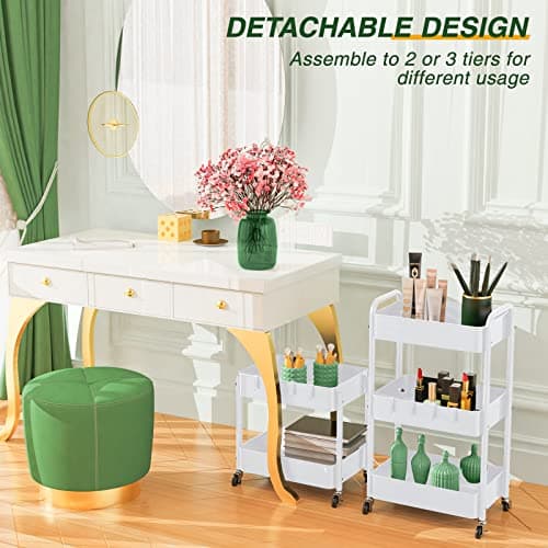 LEHOM 3 Tier Rolling Storage Cart, Metal Trolley Utility Cart with Wheels & Hooks, Easy Assembly Organizer Storage Cart for Bathroom Kitchen Office Bedroom - Thumbnail 5