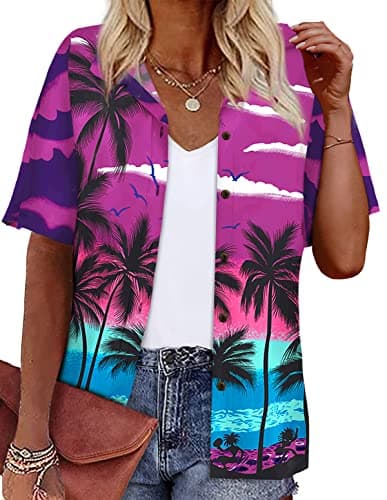 LILYCHIC Womens Hawaiian Tops Summer Floral Print V Neck Shirt Short Sleeve Tropical Beach Luau Party Outfits Purple M - Image 1