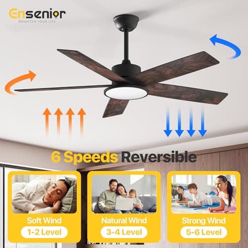 Ensenior 52 Inch Smart Ceiling Fans with Lights and Remote, Control via Alexa Google Voice App, 3000K-6000K Dimmable LED 6-Speed Reversible DC Motor Black Ceiling Fan for Bedroom Living Room, 5 Blades - Thumbnail 4