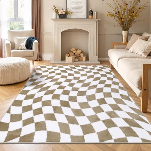Yamaziot 5x7 Checkered Area Rug, Non-Slip Soft Washable Living Room Rug with Rubber Backing, Low Pile Rug Floor Carpet for Dinning Room, Bedroom, Beige Brown - Image 1