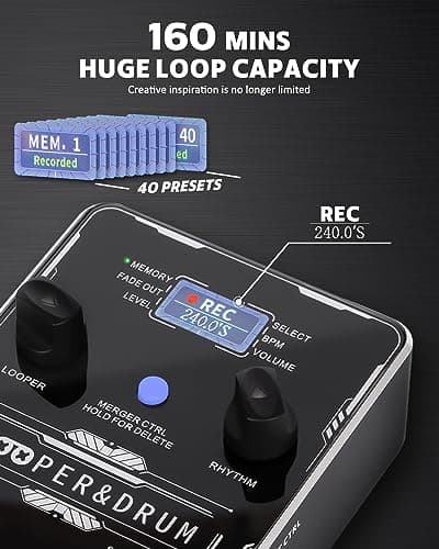 STRICH Stereo Looper Pedal Guitar Pedal with Built-in Drum Machine, 100 Diverse Drum Patterns, 160 Minutes Recording Time, USB for Audio Upload or Download, Support Footswitch Control - Thumbnail 3