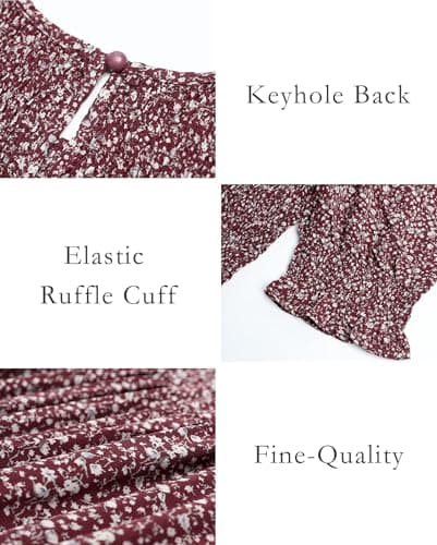 BTFBM Women Casual Summer Dresses 2026 Spring Crew Neck Ruffle Short Sleeve Smocked Floral Boho Flowy Maxi Dress Clothes(Floral Wine Red White, Large) - Thumbnail 5