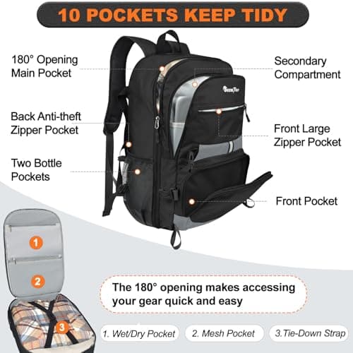 Seektop Lightweight Travel Backpack for Men Women, Multiple Pockets 40L Hiking Backpack Foldable Carry on Backpack for Outdoor Camping Sport Leisure (Black) - Thumbnail 2