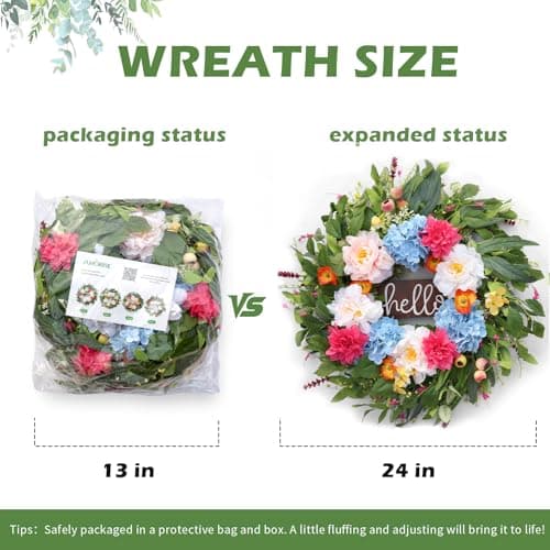 AMORISE 24" Peonies Wreaths for Front Door with Blue Hydrangea, Peonies, Dahlia, Phalaenopsis, Spring&Summer Outdoor Artificial Flowers for Wedding, Front Door Porch Yard Patio Home Decor - Thumbnail 3