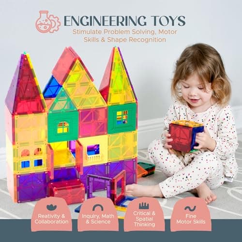 Playmags 150-Piece Magnetic Tiles Building Set – 3D Magnet Building Blocks Creative Imagination, Inspirational, Educational STEM Toys for Kids with 1 Car - Thumbnail 6