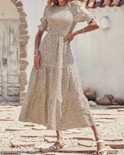 BTFBM Women Casual Summer Dresses 2025 Spring Crew Neck Ruffle Short Sleeve Floral Print Smocked Boho Flowy Maxi Dress(Dot Apricot Coffee, X-Large) - Thumbnail 4