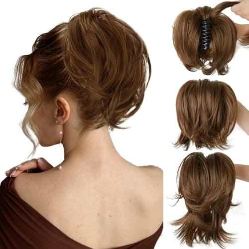 Sotpmal Short Straight Claw Clip Ponytail Extension with 4 DIY Bendable Metals, Synthetic Messy Bun Hair Piece for Women, Heat Resistant Fake Hairpieces for Fast Styling, Dark Brown Mix Highlight - Image 1